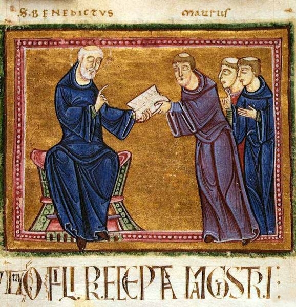 St. Benedict delivering his Rule to St. Maurus and other monks of his order - France, Monastery of St. Gilles, Nimes, 1129 - Wikimedia Commons