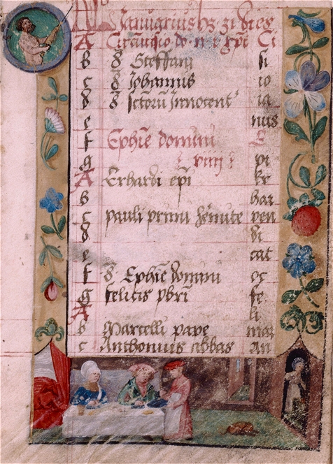 Opening page of calendar, elaborate border design with human figures, 1530, Wikimedia Commons