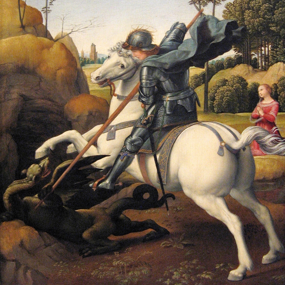 Oil painting of Saint George slaying the dragon by Raphael